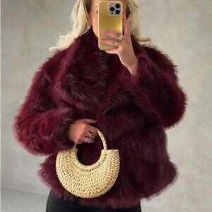 Women's Burgundy Faux Fur Jacket fluffy shaggy coat